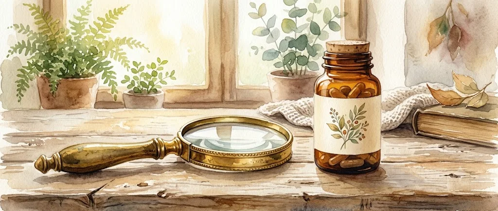 돋보기와 영양제, 허브잎