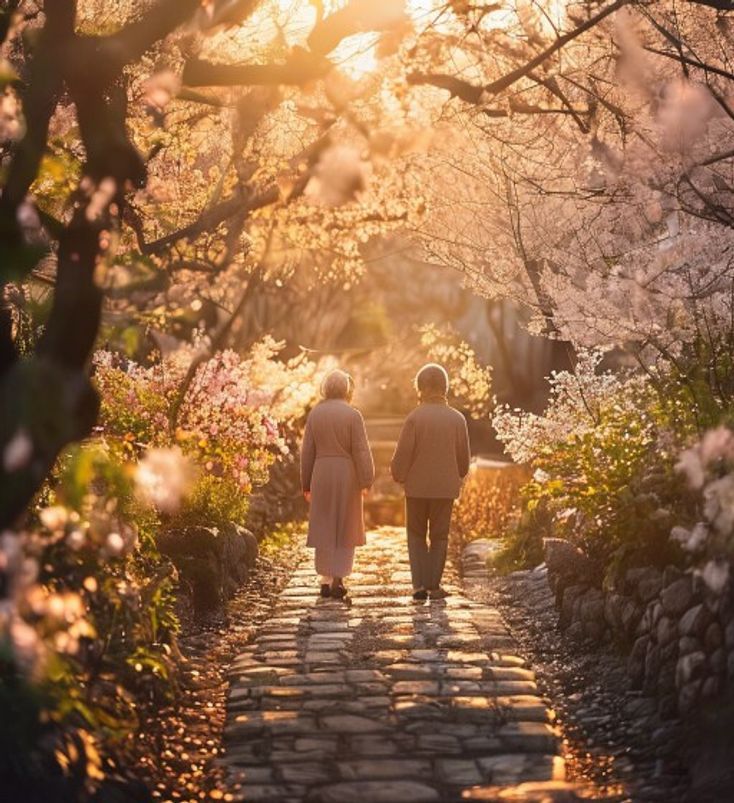 봄 정원을 걷는 노부부